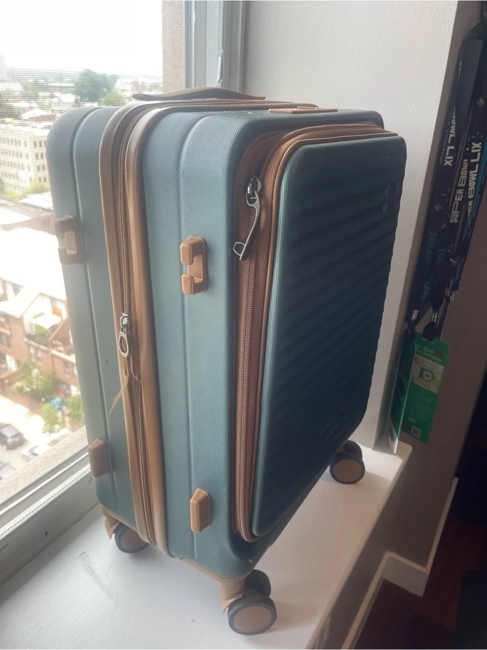 Men's Green Hard-Shell Carry-On with Brown Trim